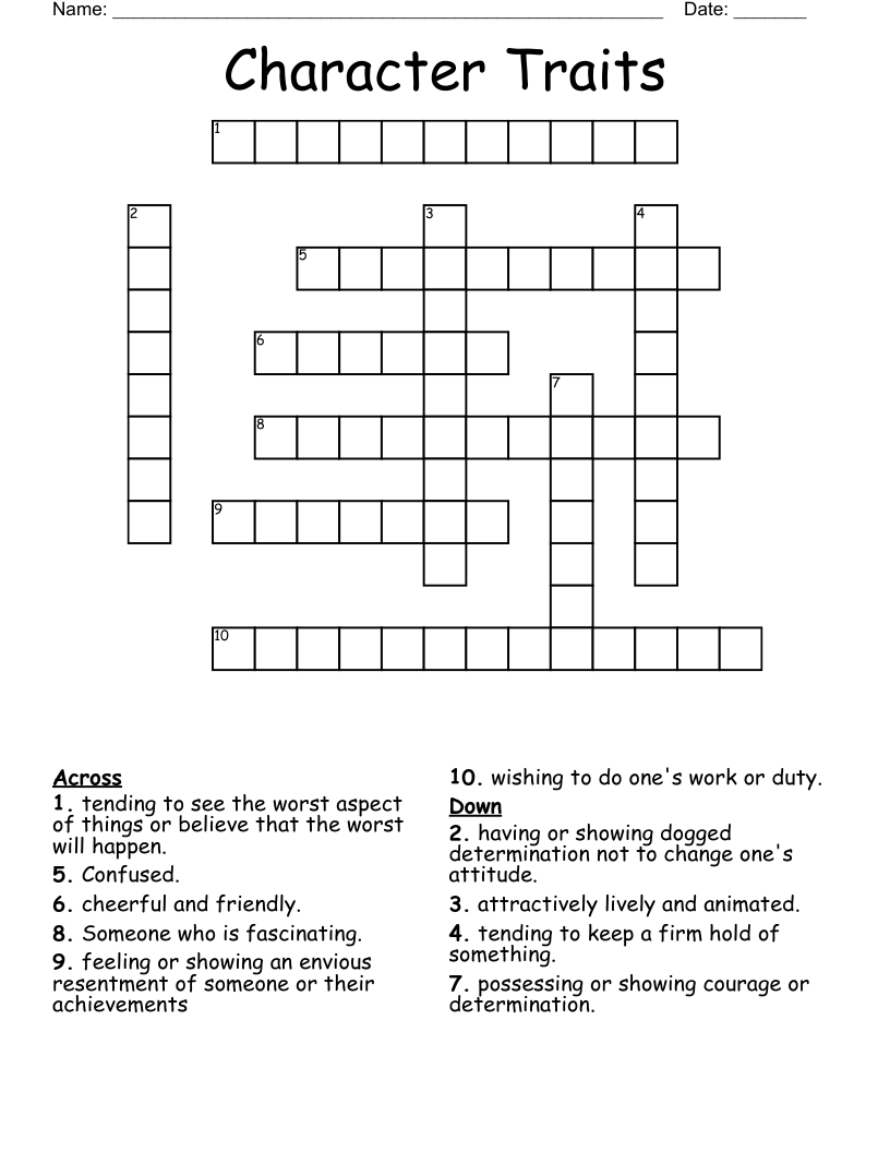 Character Traits Crossword