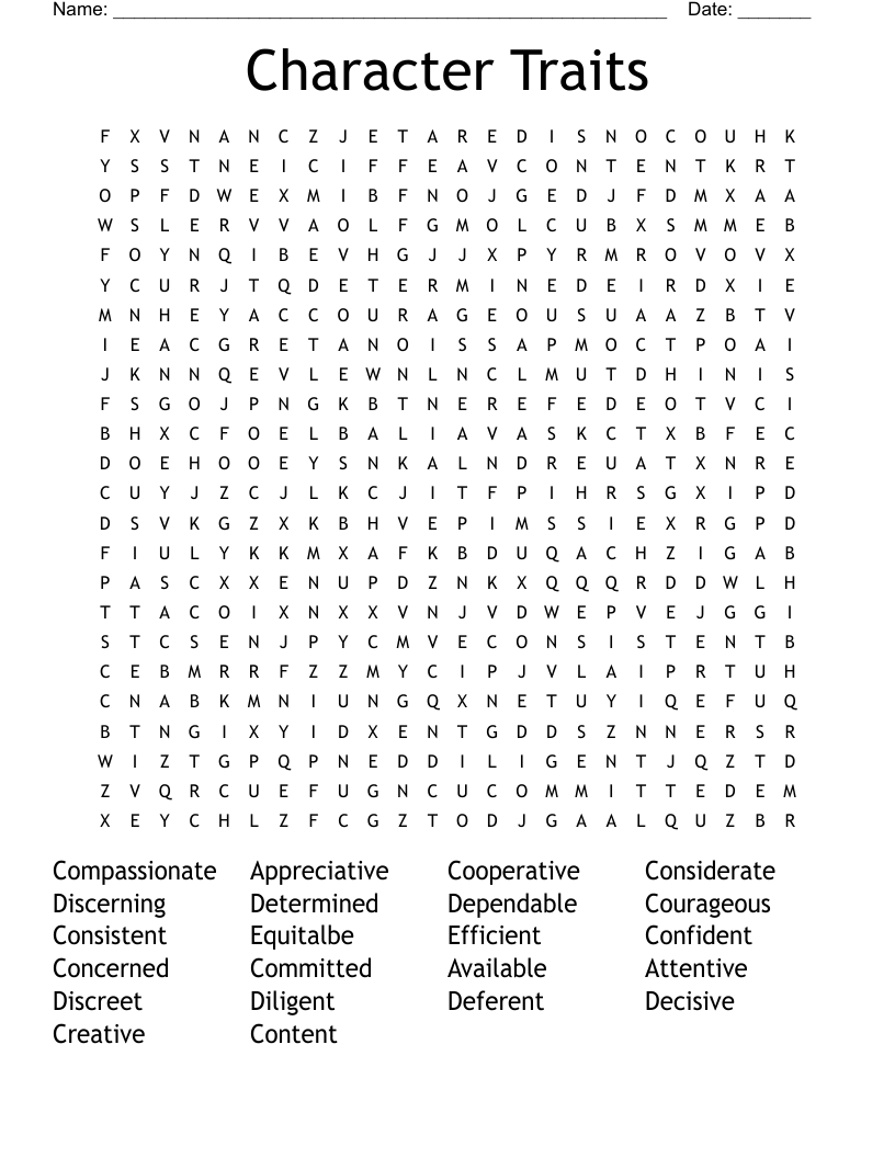Character Traits Word Search