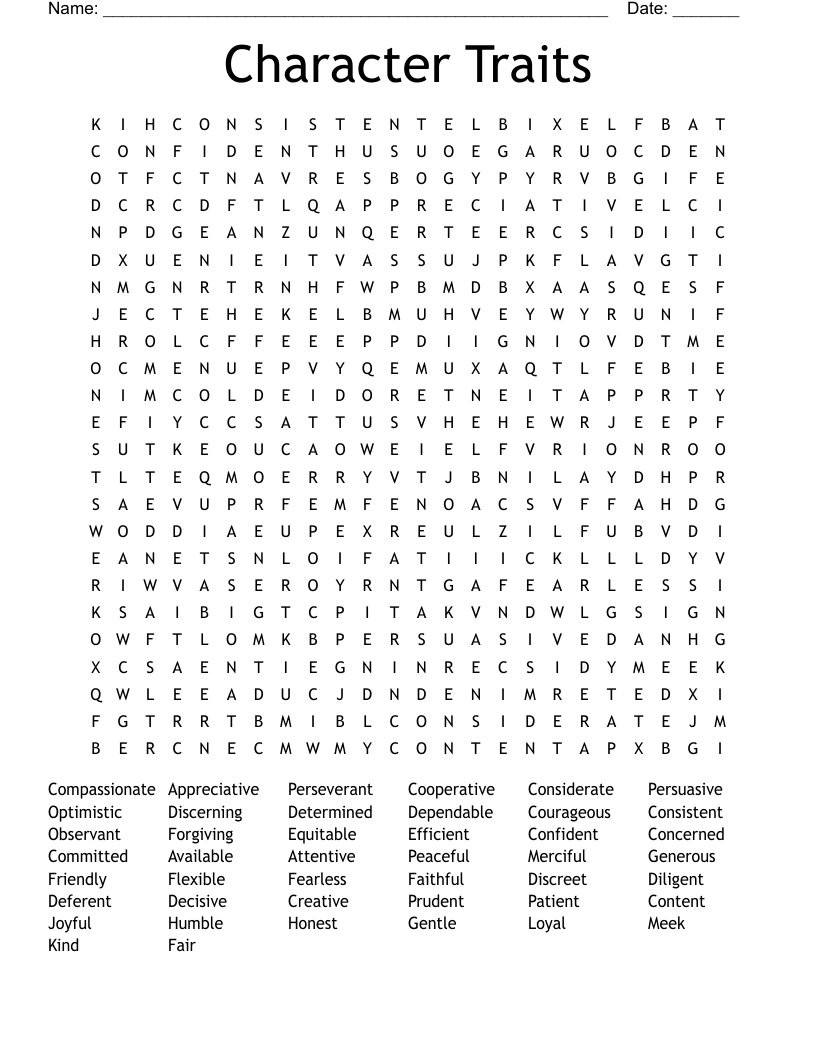 Character Traits Word Search
