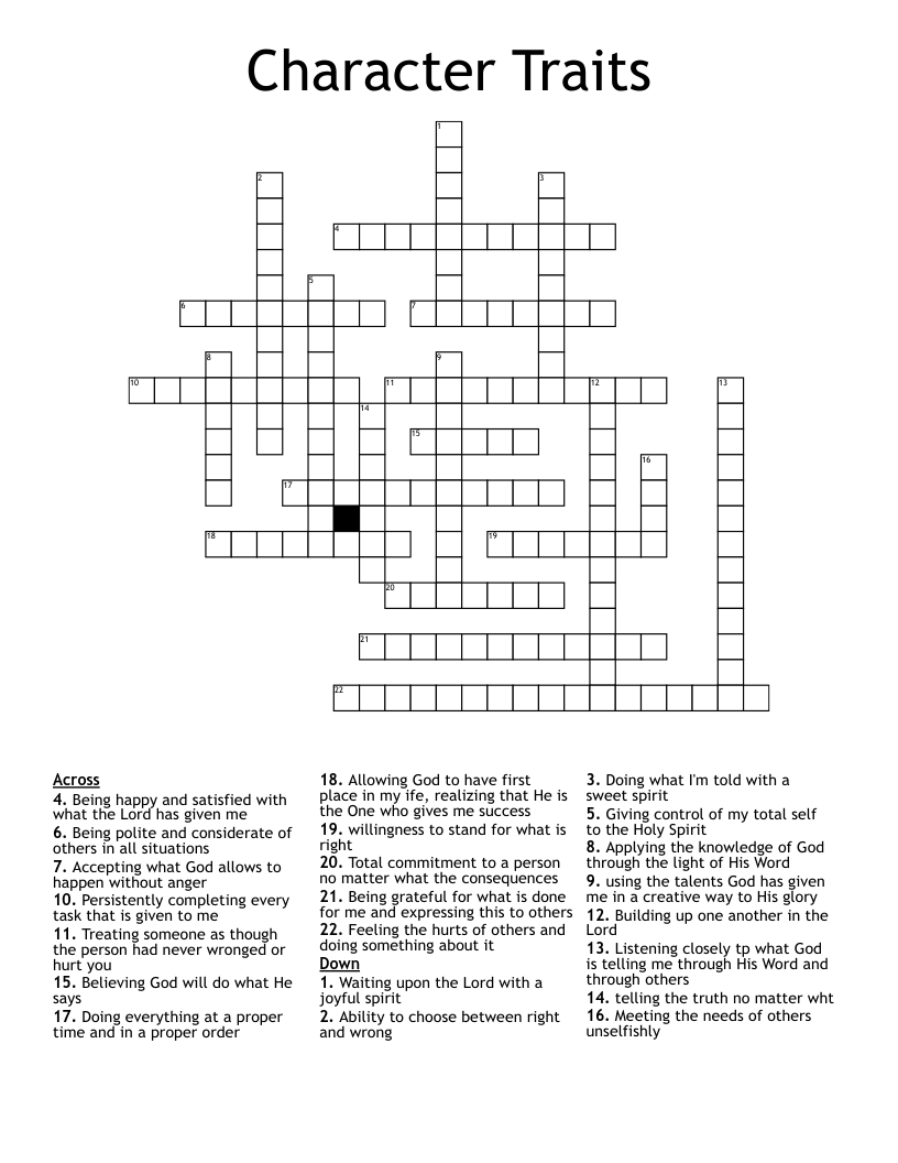 Character Traits Crossword