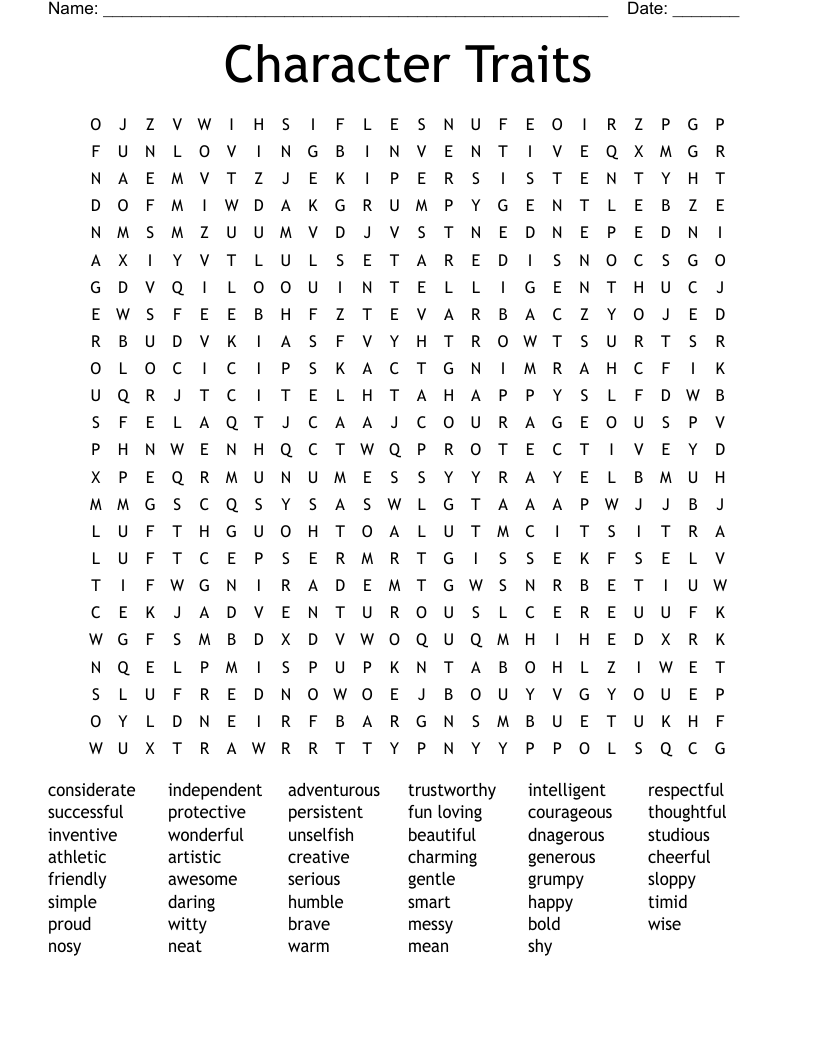 Character Traits Word Search