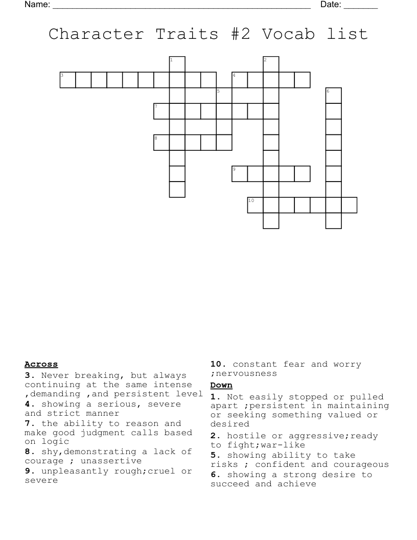 Character Traits #2 Vocab list  Crossword