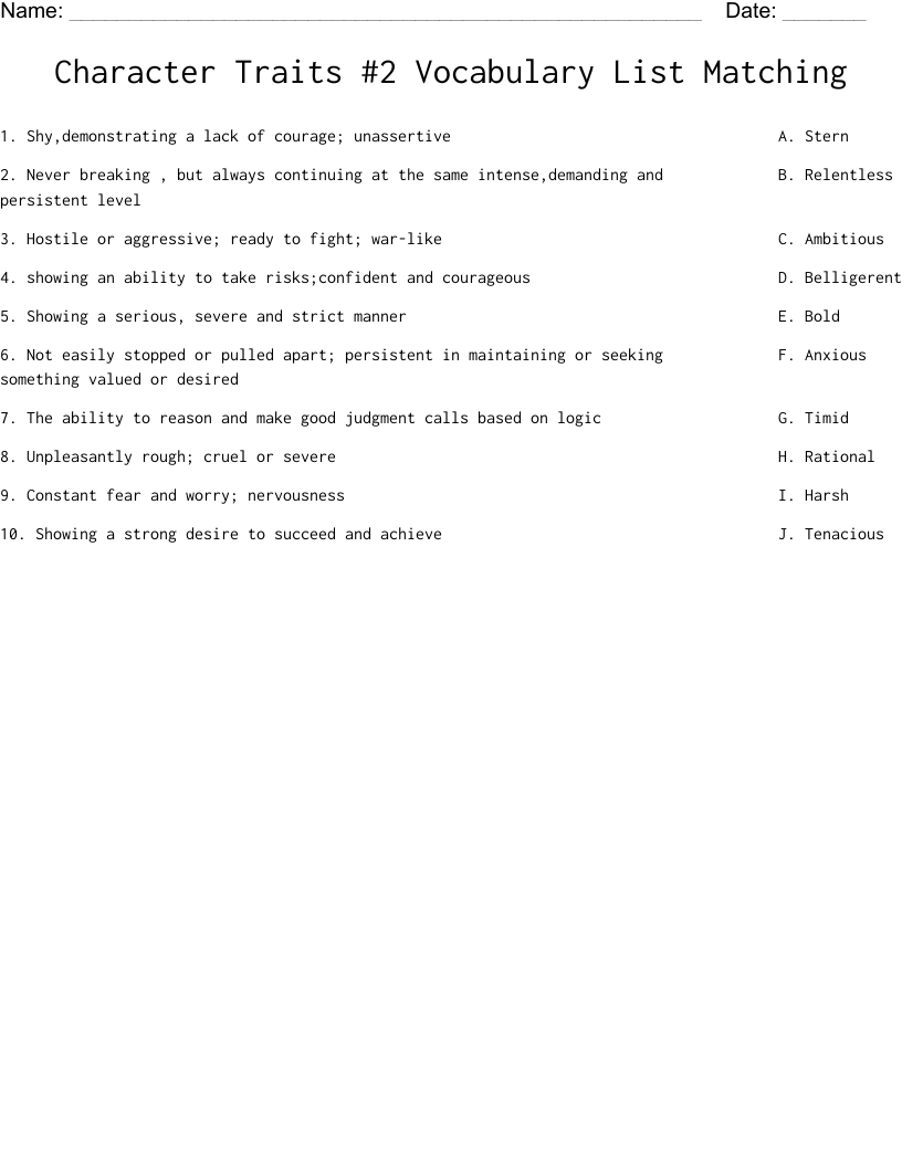 Character Traits #2 Vocabulary List Matching  Worksheet
