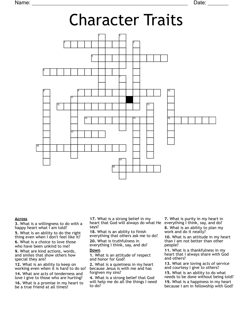 Character Traits Crossword