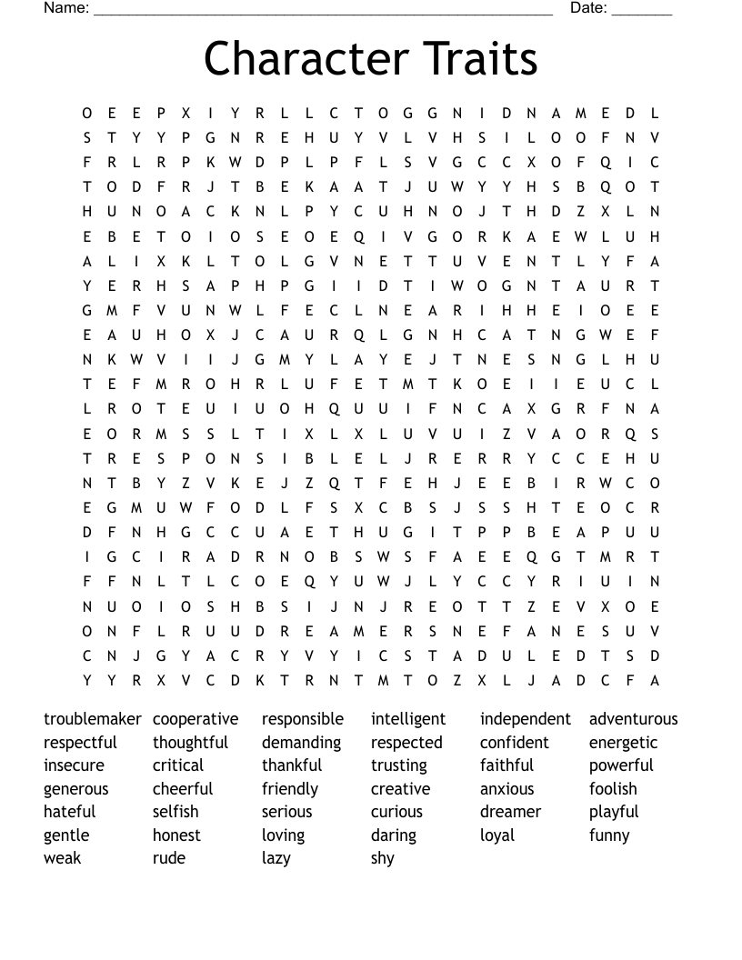 Character Traits Word Search