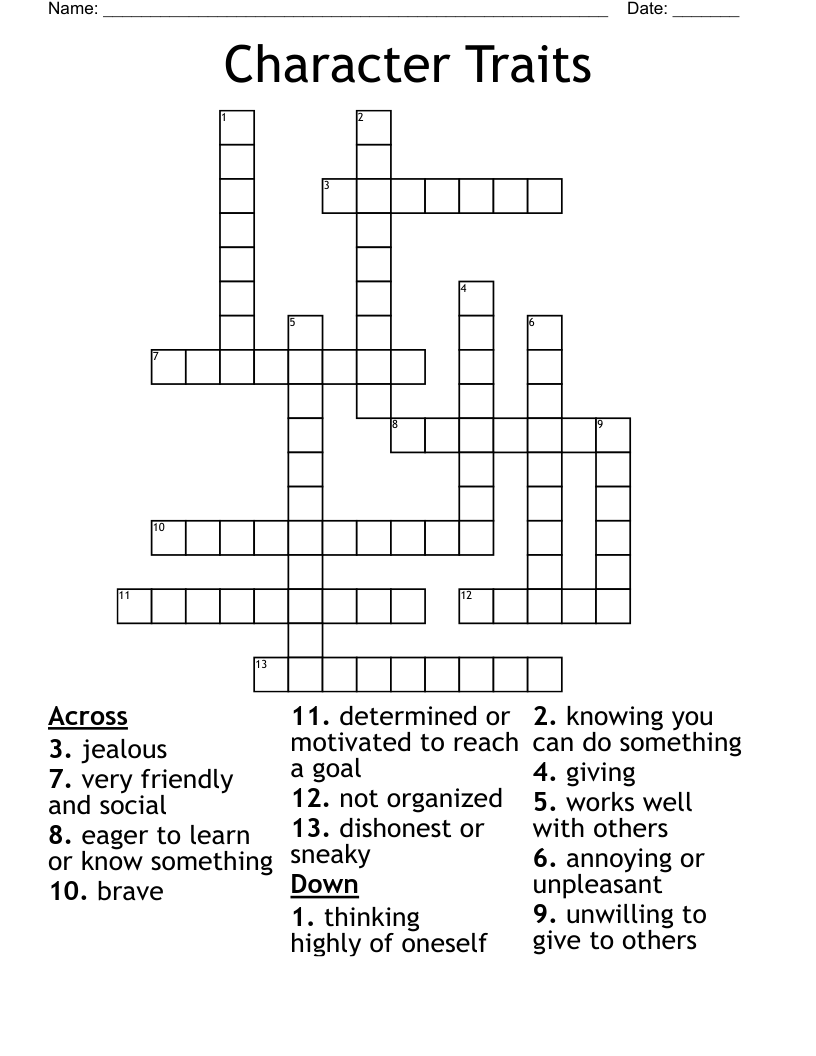 Character Traits Crossword