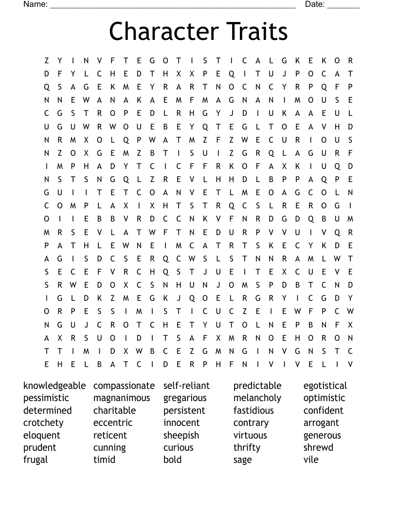 Character Traits Word Search