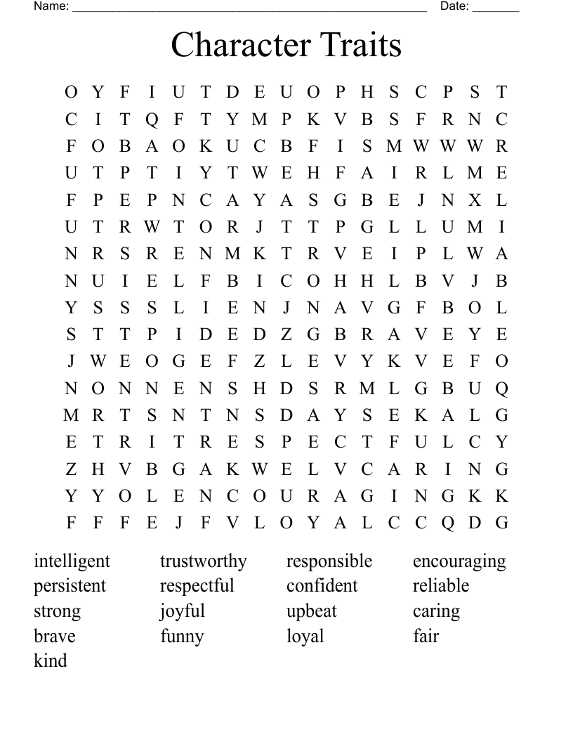 Character Traits Word Search