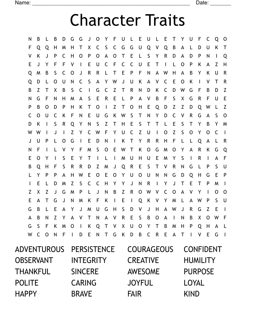 Character Traits Word Search
