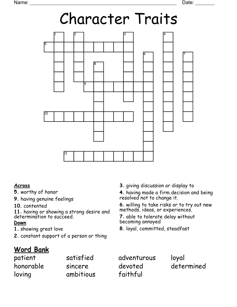 Character Traits Crossword
