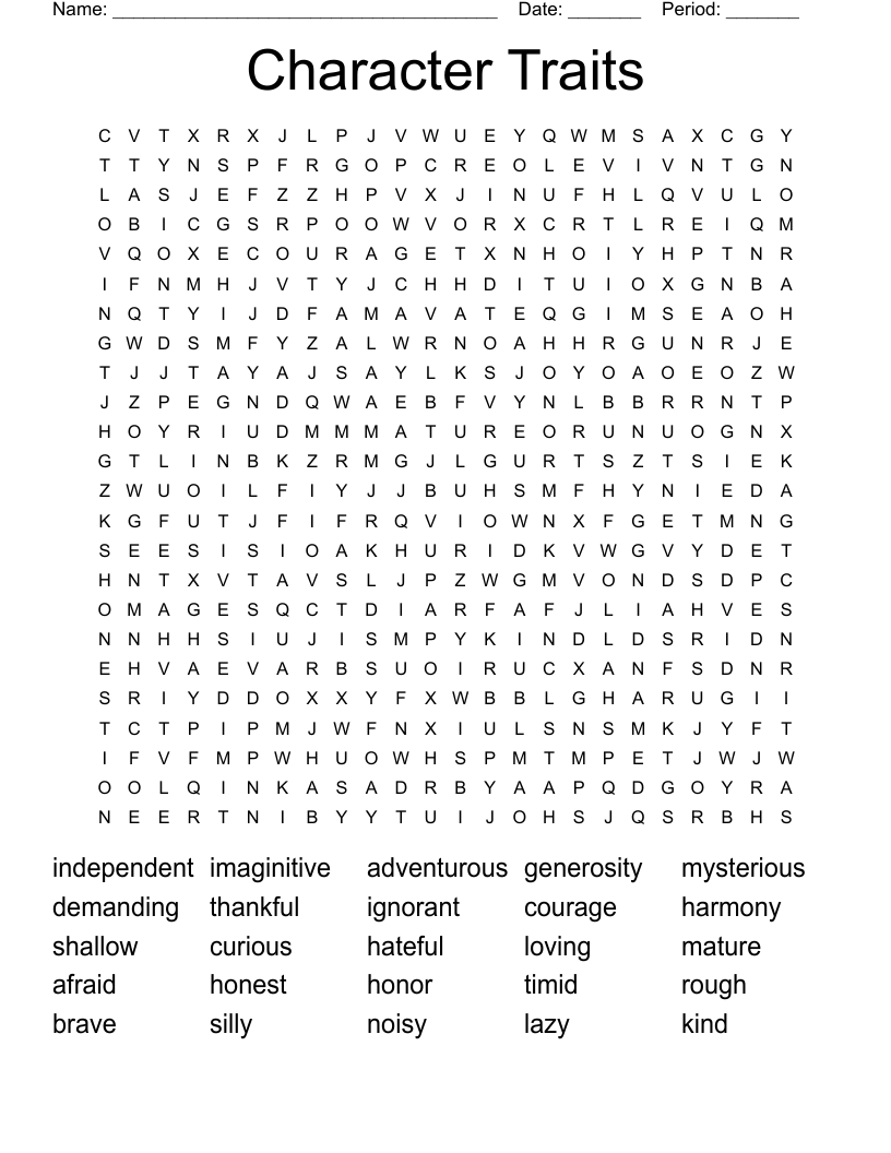 Character Traits Word Search
