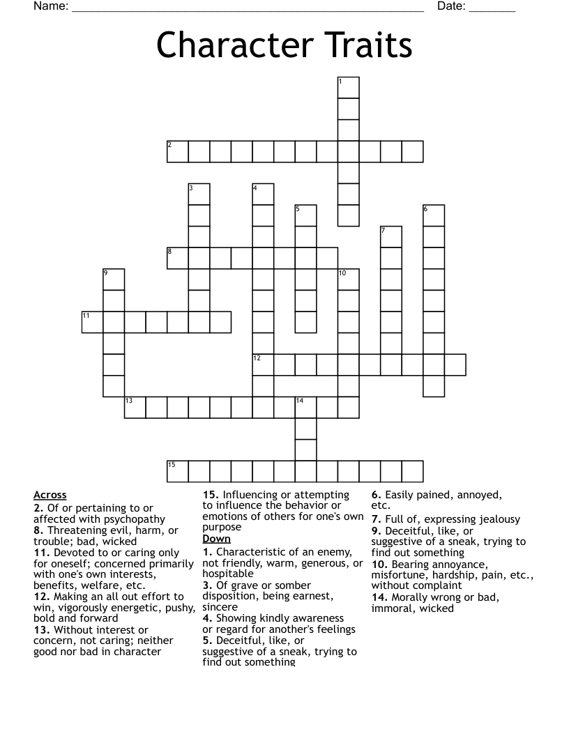 Character Traits Crossword