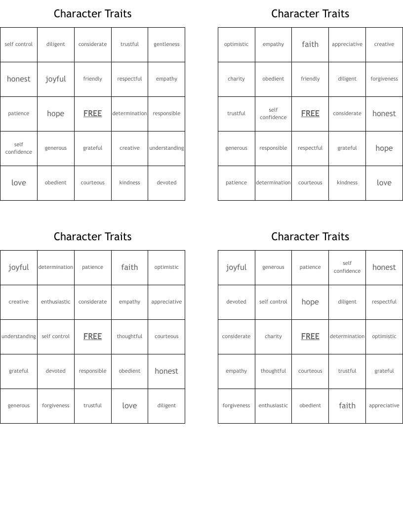 Character Traits Bingo Cards