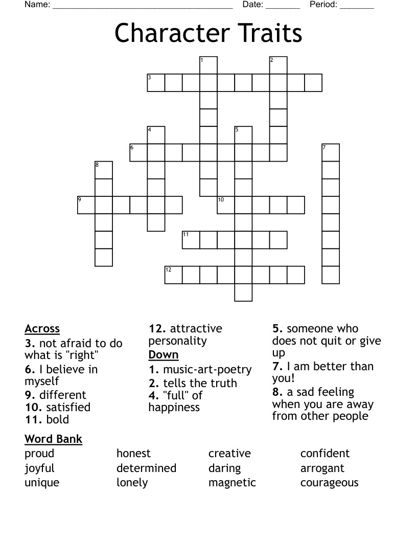 Character Traits Crossword