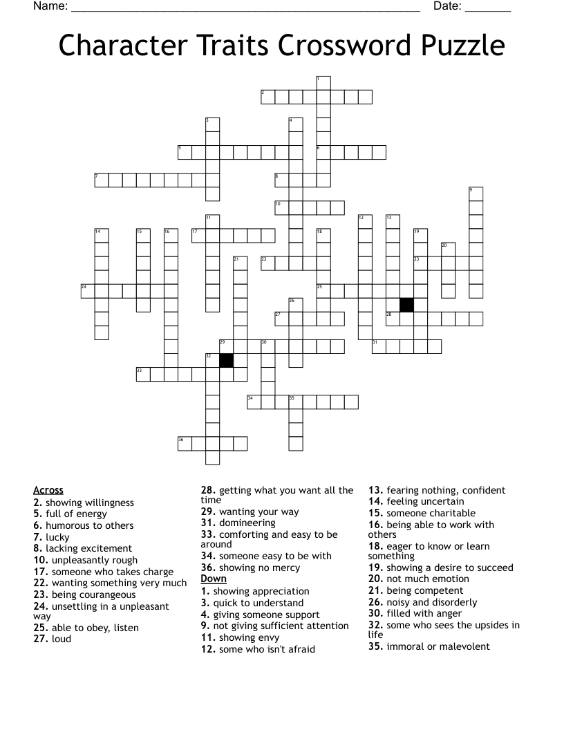 Character Traits Crossword Puzzle