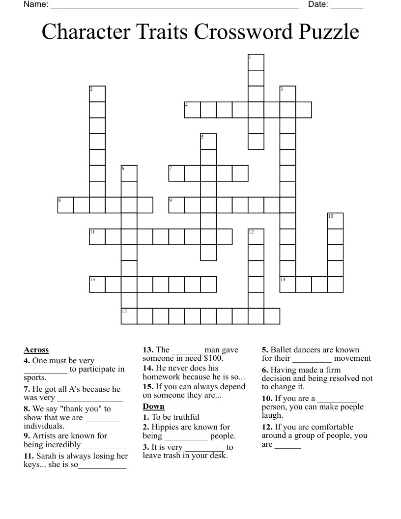 Character Traits Crossword Puzzle