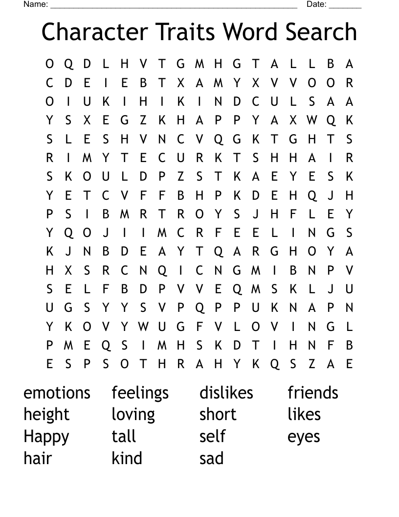 Character Traits Word Search