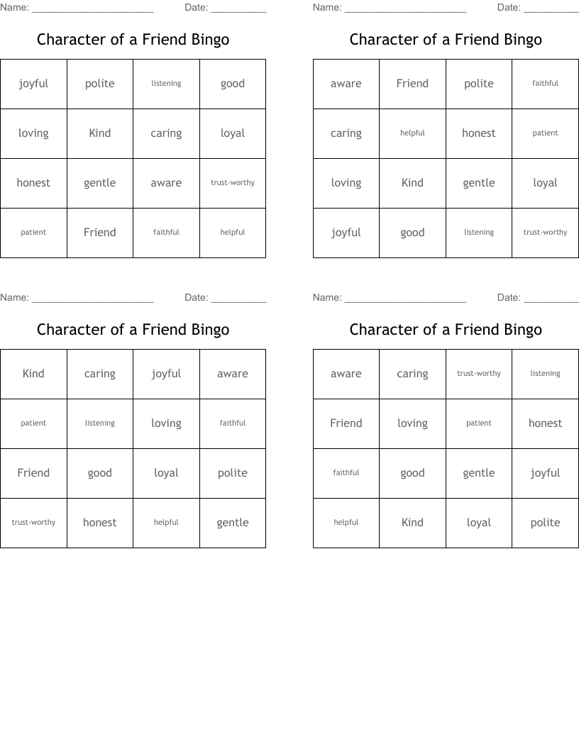Character of a Friend Bingo