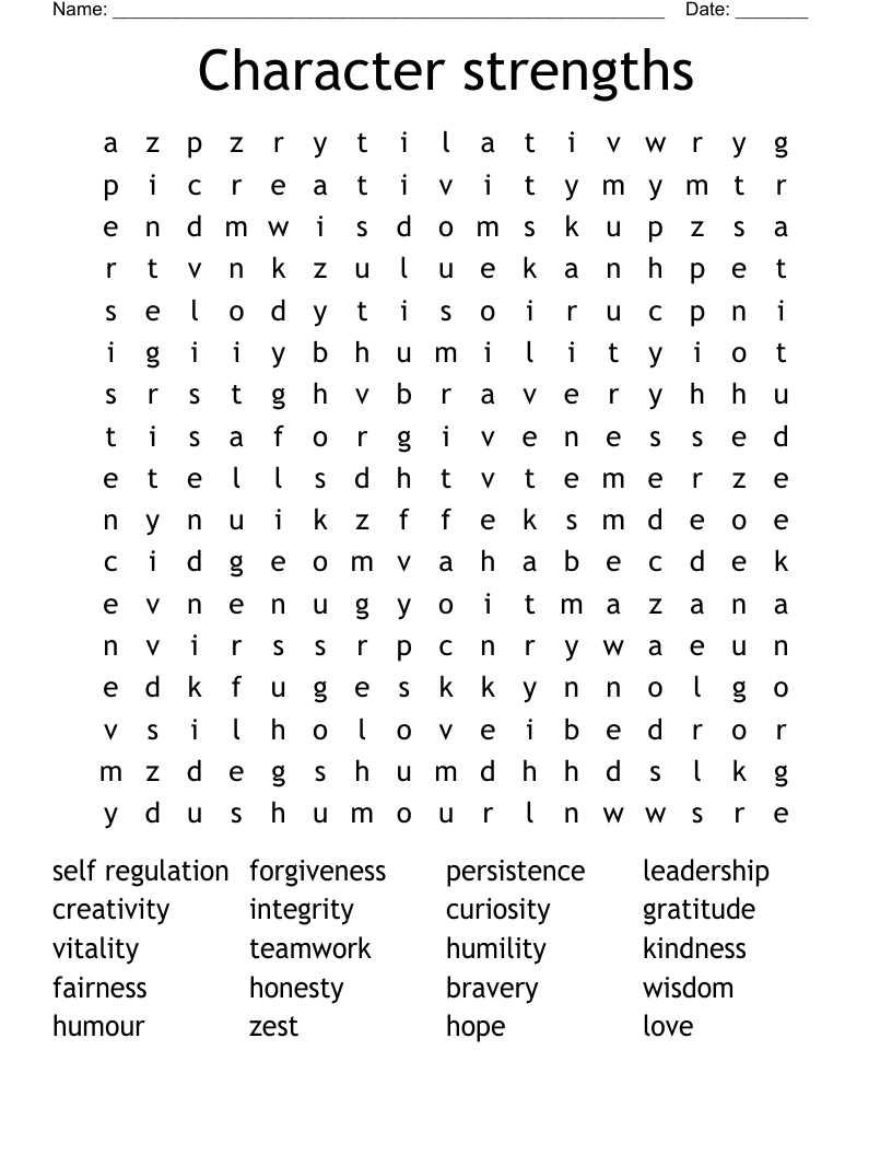 Character strengths Word Search
