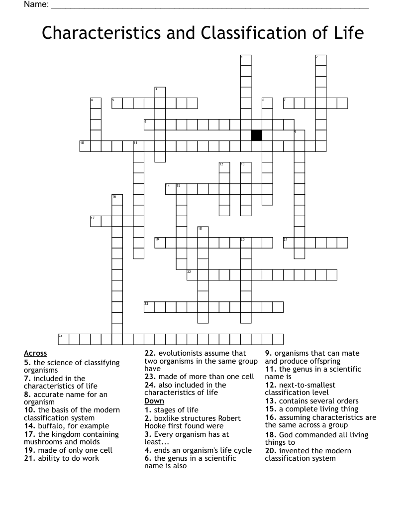 Characteristics and Classification of Life Crossword