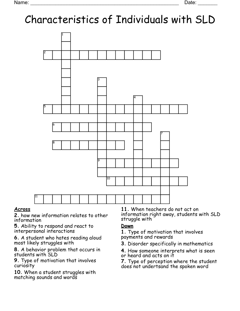 Characteristics of Individuals with SLD Crossword
