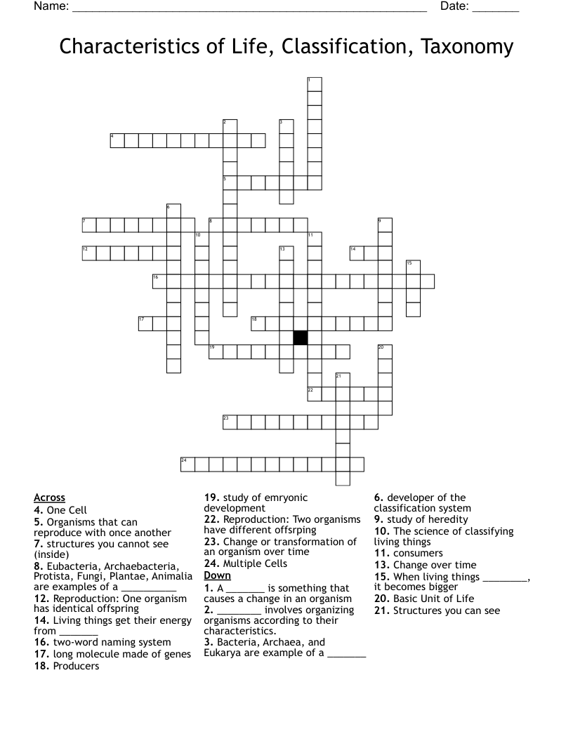 Characteristics of Life, Classification, Taxonomy Crossword
