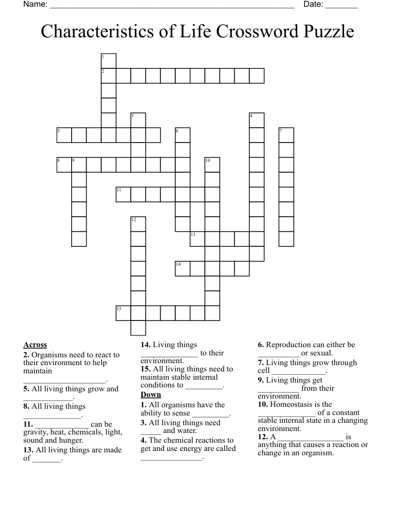 Characteristics of Life Crossword Puzzle