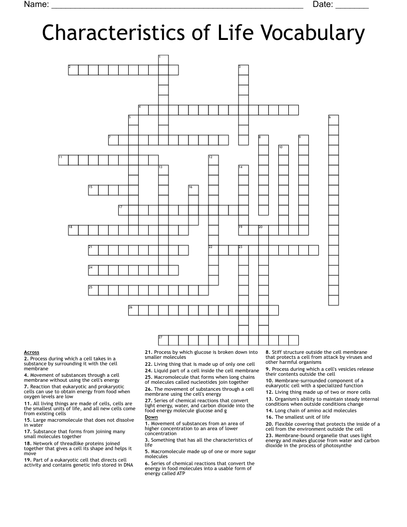 Characteristics of Life Vocabulary Crossword