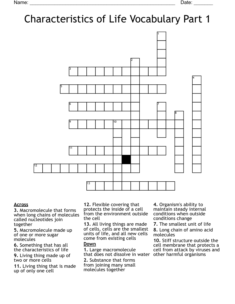 Characteristics of Life Vocabulary Part 1 Crossword