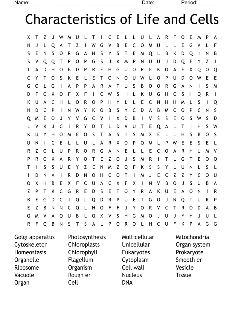Characteristics of Life and Cells Word Search