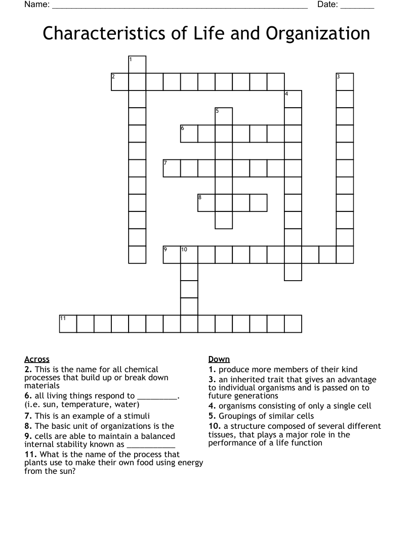 Characteristics of Life and Organization Crossword