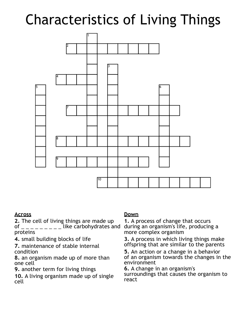 Characteristics of Living Things Crossword