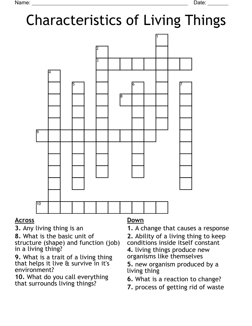 Characteristics of Living Things Crossword