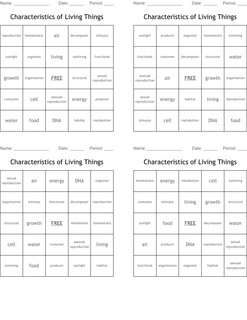 Characteristics of Living Things Bingo Cards