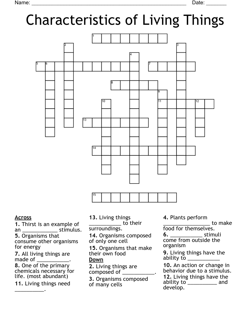 Characteristics of Living Things Crossword