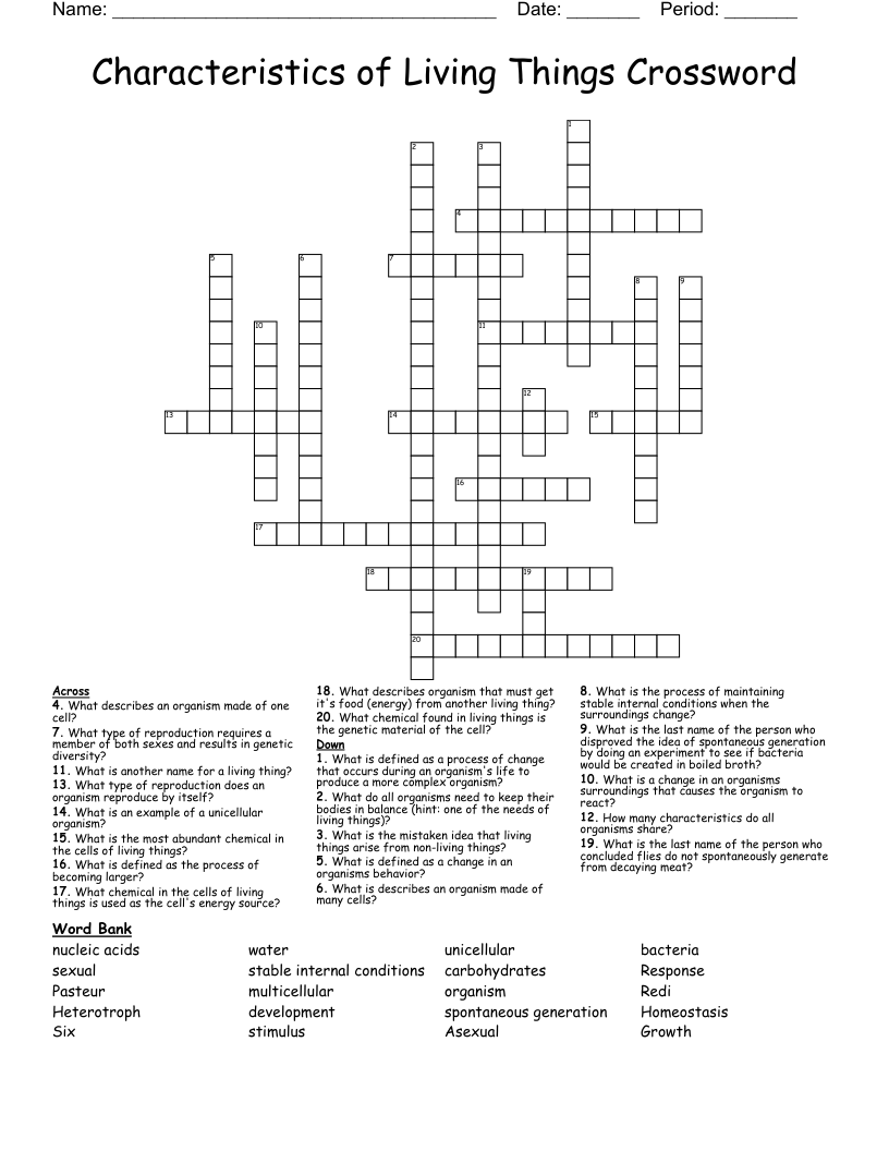 Characteristics of Living Things Crossword