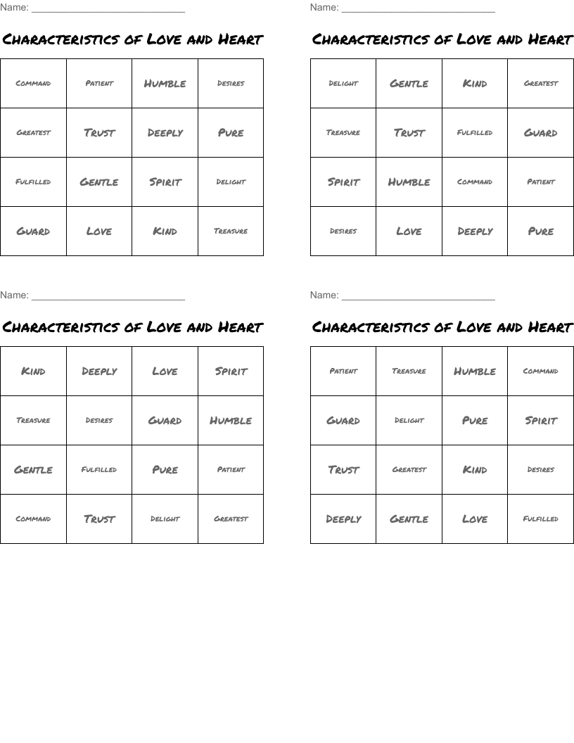 Characteristics of Love and Heart Bingo Cards