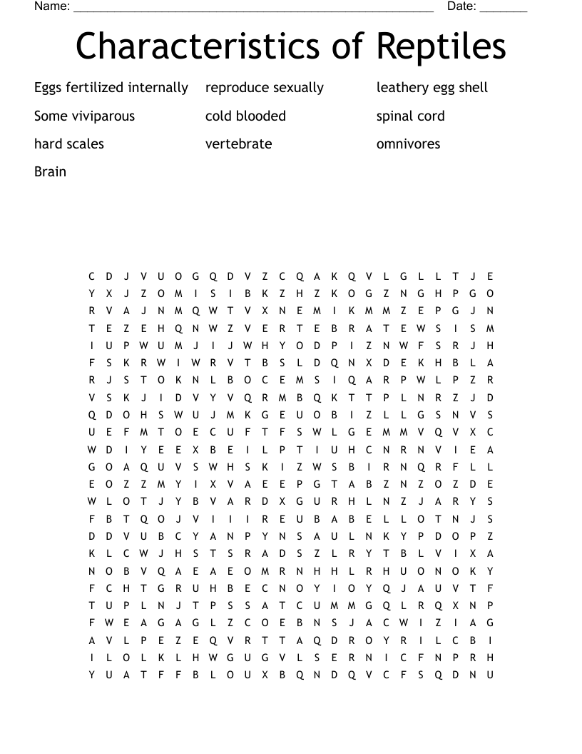 Characteristics of Reptiles  Word Search