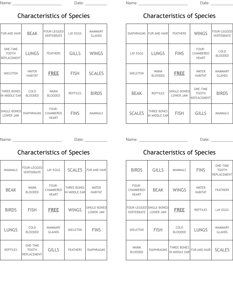 Characteristics of Species Bingo Cards