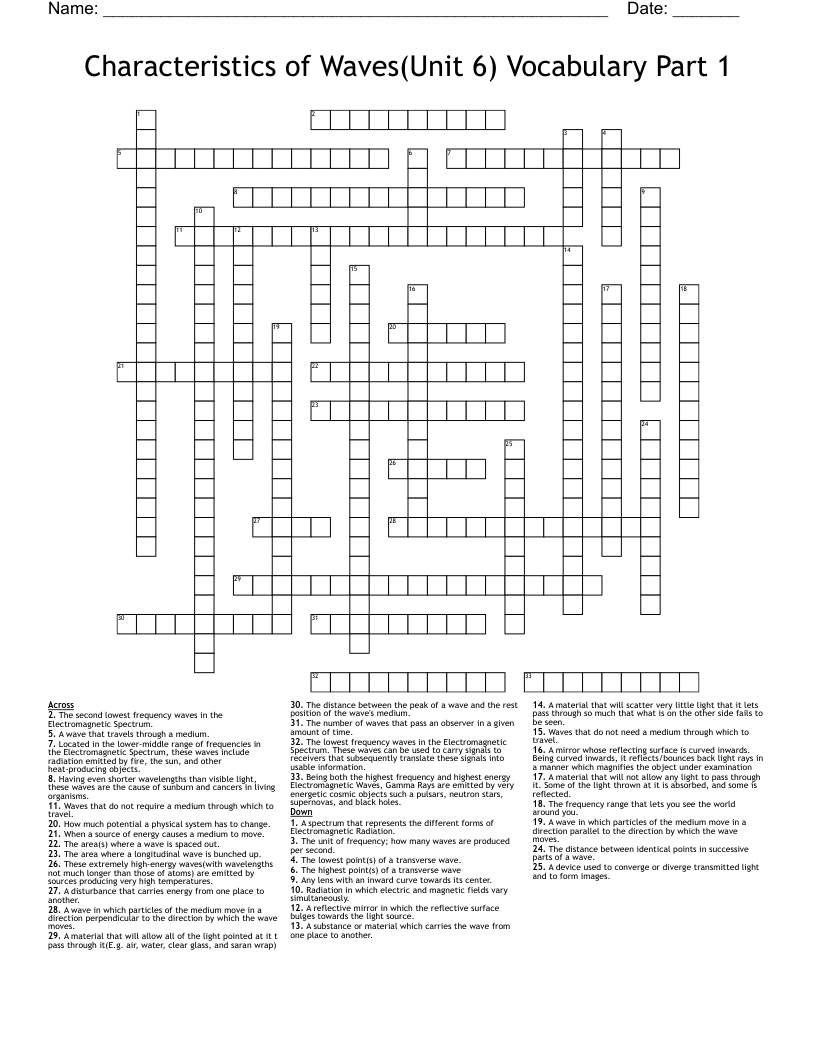 Characteristics of Waves(Unit 6) Vocabulary Part 1 Crossword