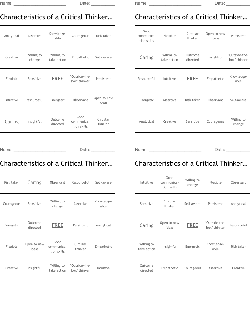 Characteristics of a Critical Thinker/Decision Maker Bingo Cards