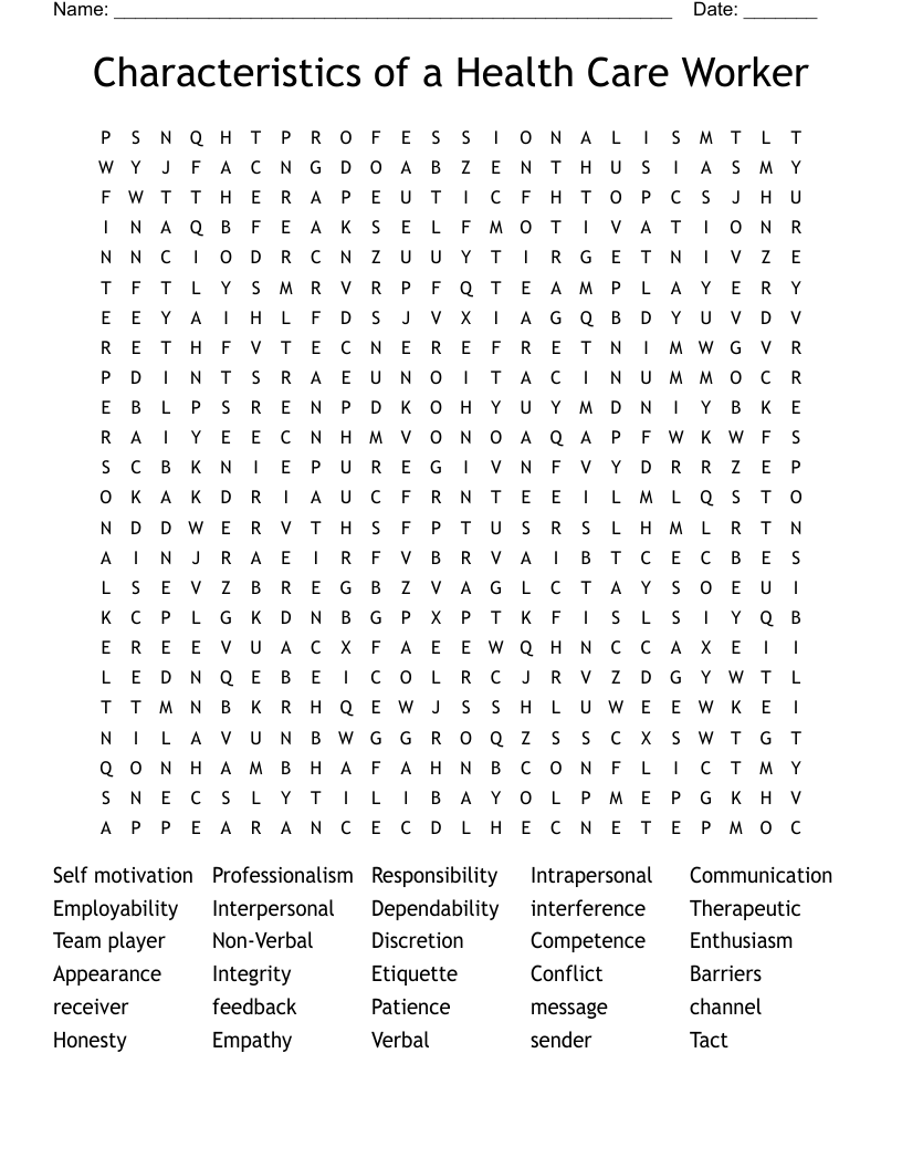 Characteristics of a Health Care Worker Word Search