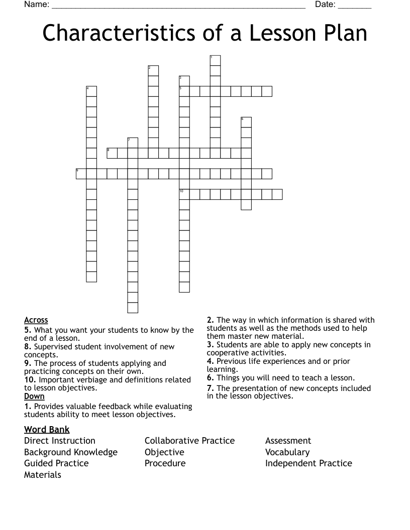 Characteristics of a Lesson Plan Crossword
