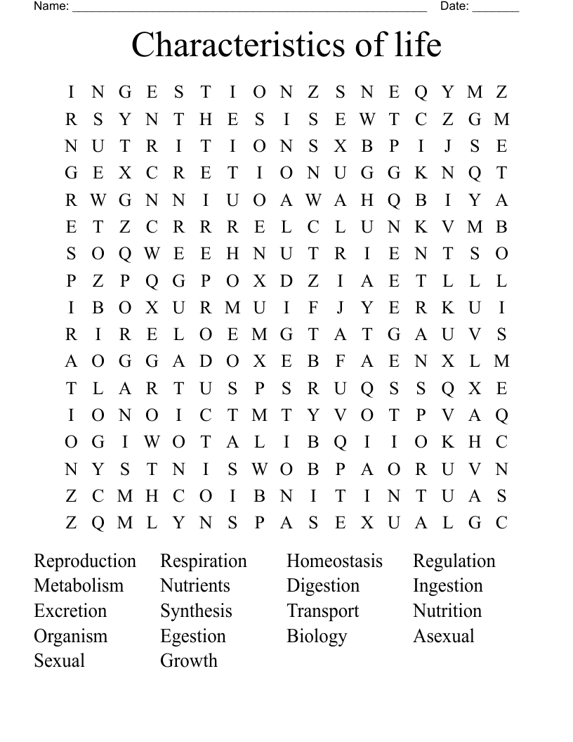 Characteristics of life  Word Search