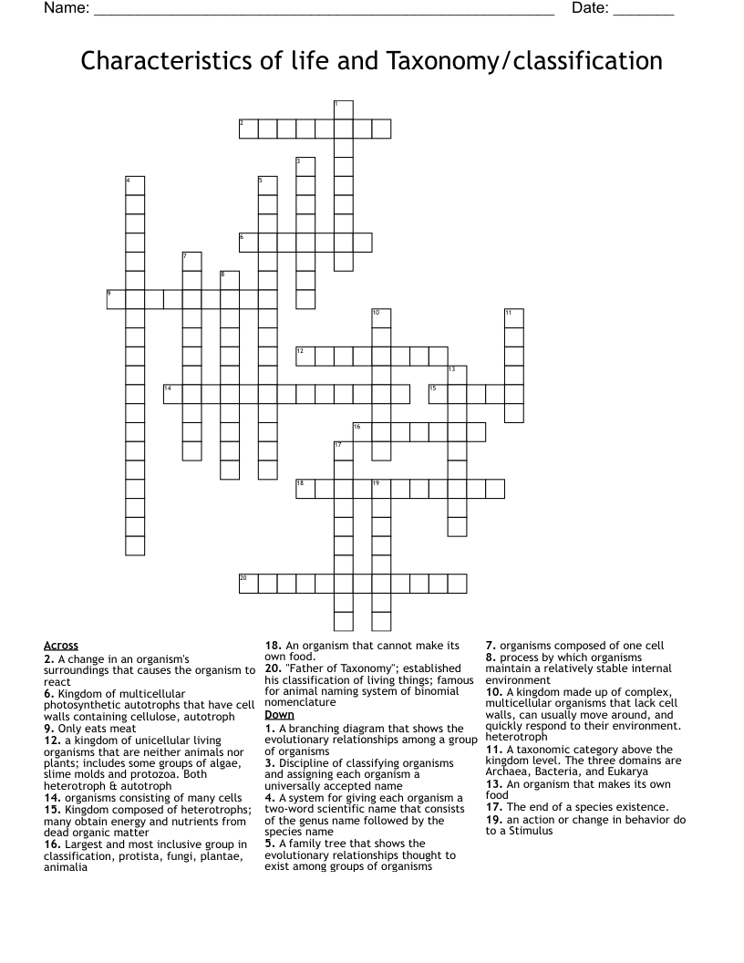 Characteristics of life and Taxonomy/classification  Crossword