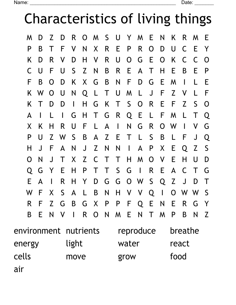 Characteristics of living things Word Search