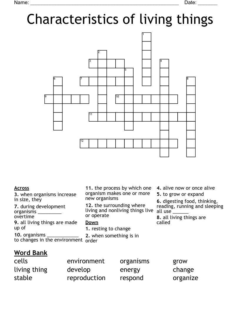 Characteristics of living things  Crossword