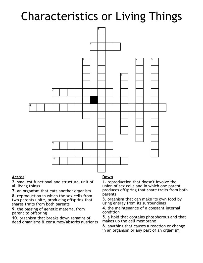 Characteristics or Living Things Crossword