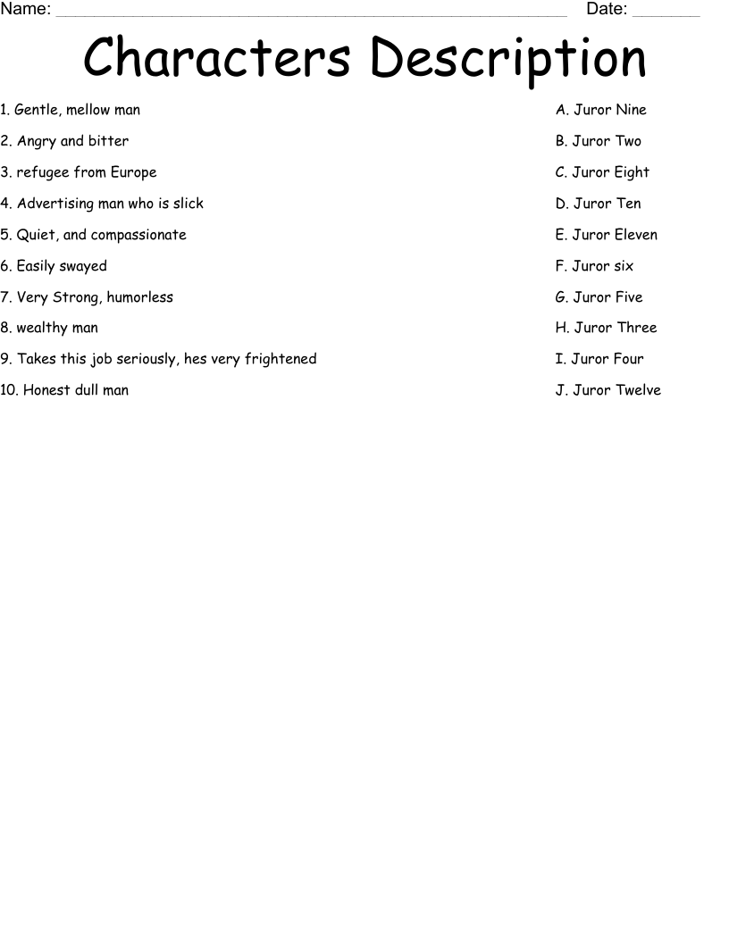Characters Description  Worksheet