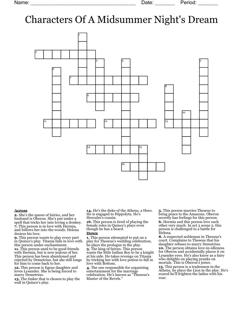 Characters Of A Midsummer Night's Dream Crossword